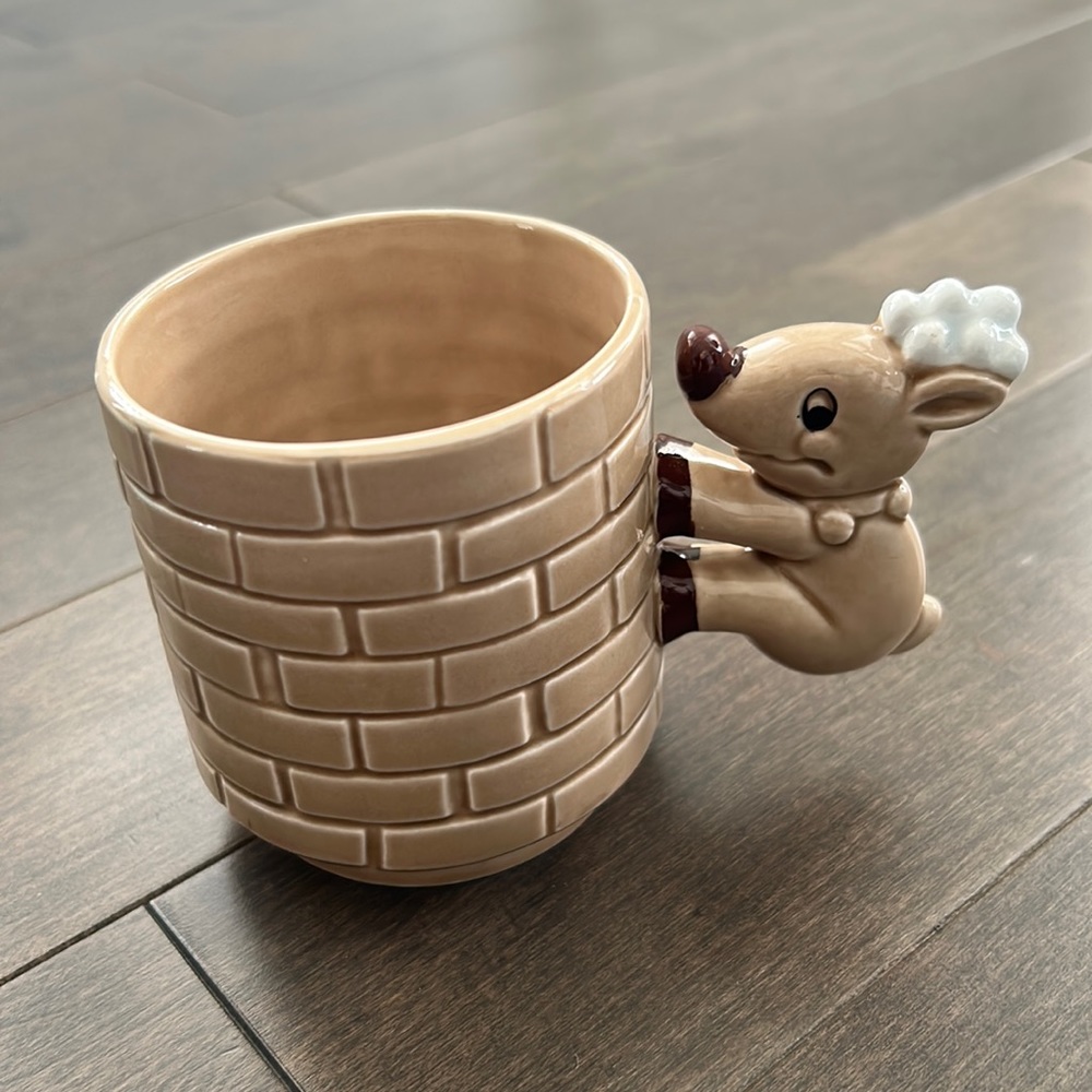 ENESCO Vintage Reindeer Handle Small Mug, Brick Chimney Christmas Holiday RARE